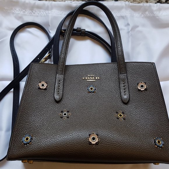 COACH CHARLIE CARRYALL 28 SCATTERED RIVETS FLORAL LEATHER MOSS BRASS - Picture 2 of 12